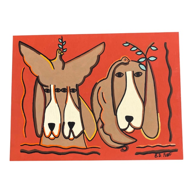Contemporary Original Outsider Artist B.D.Floyd Folk Art “Bird Dogs”Painting For Sale
