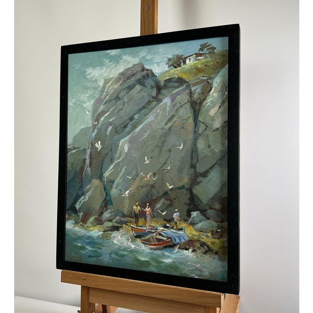 The oil painting ""Whisper of the Sea Waves"" captures a moment of serenity and grandeur along a rugged coastline, where...