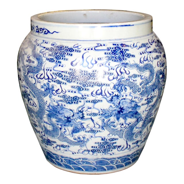 Chinese Blue White Dragons Flower Porcelain Pot Planter Chairish