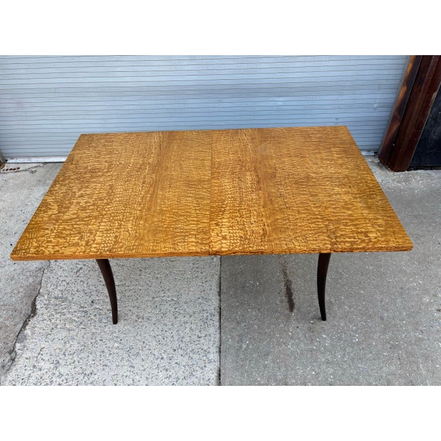 Harvey Probber Burl Wood Dining Table with Sabre Legs. Table has two 16" leaves. Top and leaves look like Original Finish...