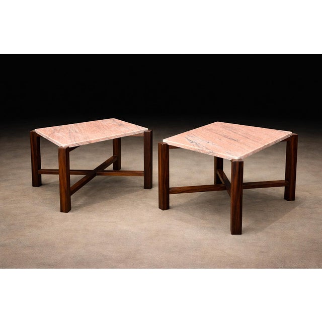 Mid-Century Modern Pair of Brazilian Rosewood & Pink Granite Side Tables, Brazil, 1960s For Sale - Image 3 of 14