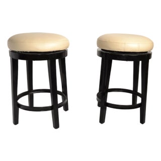Pair, Vintage Swivel 24 Inch Kitchen Stools Black Wood Tan-Beige Faux Leather Seats For Sale