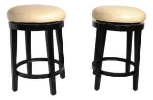 Pair, Vintage Swivel 24 Inch Kitchen Stools Black Wood Tan-Beige Faux Leather Seats