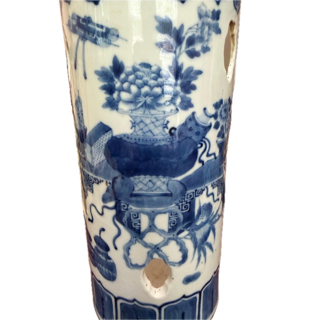 Ceramic 19thC. Pair of Late Qing Blue and White Hat Stands For Sale - Image 7 of 7