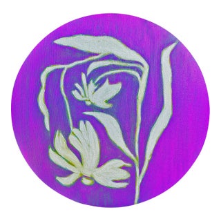 Original Round Flower Painting, Botanical Wall Art, Oil on Circle Canvas, 12" Minimalist Boho Home by Tatiana Duperault For Sale