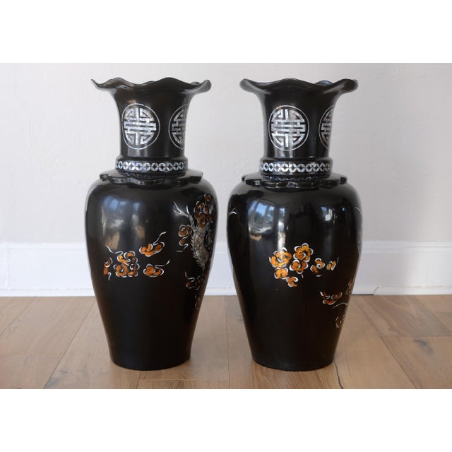 Large Vintage 1960s Vietnamese Black Lacquer & Mother of Pearl Floor Vases - A Pair For Sale In San Francisco - Image 6 of 15