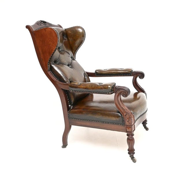 Antique William IV Leather and Walnut Wing Back Armchair, 1820s For Sale - Image 3 of 18