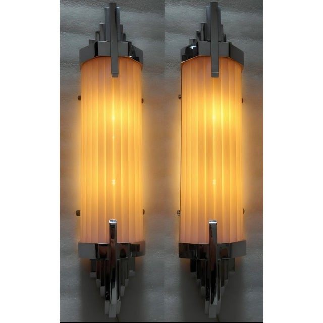 Vintage Art Deco Light Old Lamp Wall Sconces Fixture Nickel Brass & Opaline Pink Glass Rod Ship Light - Pair For Sale - Image 4 of 5