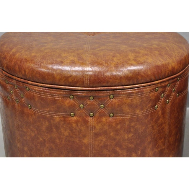 Traditional Contemporary Modern Moroccan Style Brown Faux Leather Round Storage Ottoman Pair For Sale - Image 3 of 15