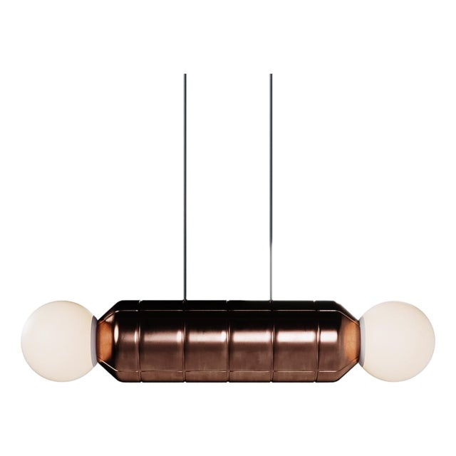 Modern Horizontal Pendant Light With Ceramic Base – Copper – Handcrafted For Sale
