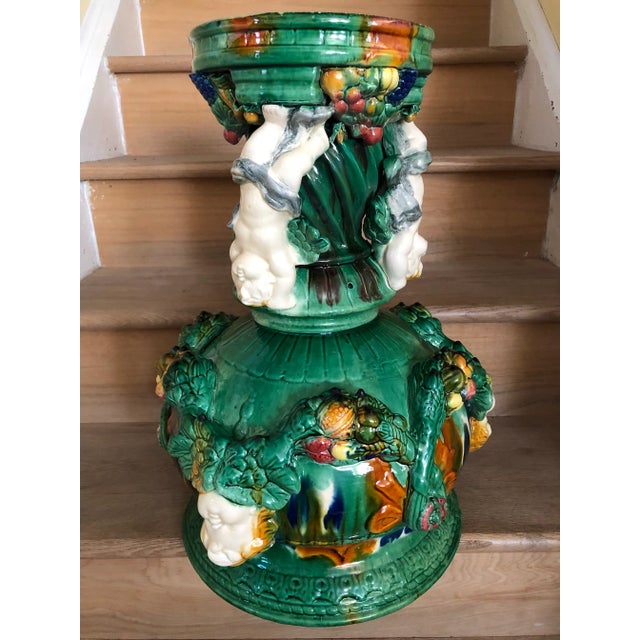Vintage Neoclassical Glazed Ceramic Pedestal Jardiniere with Cherub Motif For Sale - Image 9 of 13