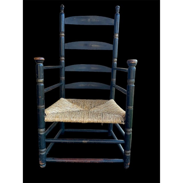 American 18th Century Ladder-Back Chairs with Curve-Top Slat-Back, Black Paint With Gold Colored Accents, Rush Seat, Hand-Turned Finials and Mushroom Handholds For Sale - Image 3 of 12