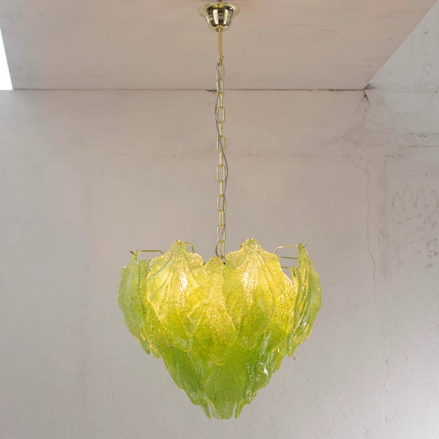 Mid-Century Modern Suspension Chandelier in Murano Glass Leaves Green Color, Italy, 1990s For Sale - Image 3 of 13