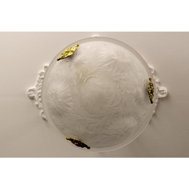 French Art Deco White Frosted Glass and Bronze Pendant Light with Floral Motifs, 1930s For Sale - Image 9 of 18