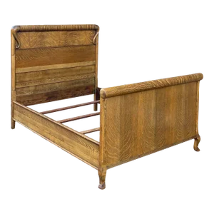 Late 19th Century Victorian Tiger Oak Full Sleigh Bed or Panel Bed