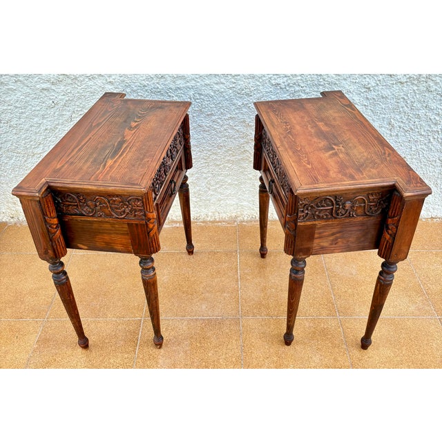 Pair of Spanish Carved Oak Nightstands With Drawer, 1930s For Sale - Image 11 of 15