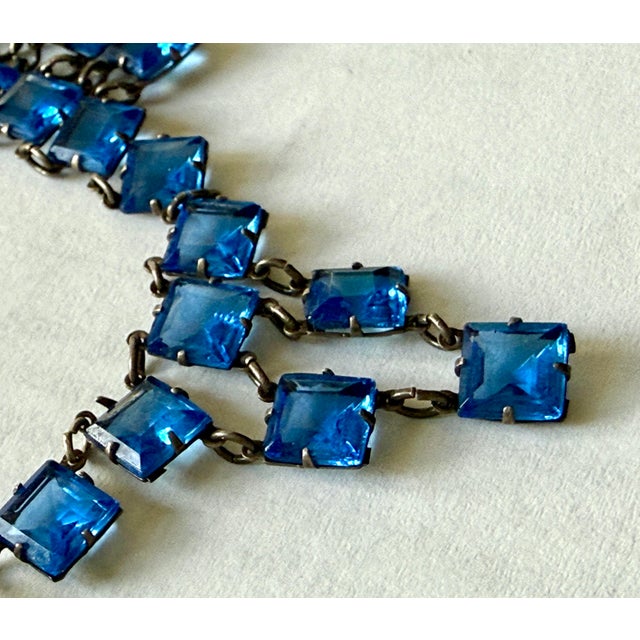 Antique Czech Glass 1920s Art Deco Cascading Sterling Silver Prong Set Blue Necklace For Sale In Los Angeles - Image 6 of 10