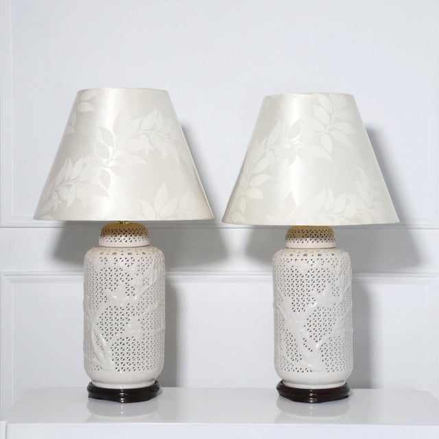 1970s Blanc de Chine Large Scale Reticulated White Ceramic Table Lamps - A Pair For Sale - Image 11 of 11