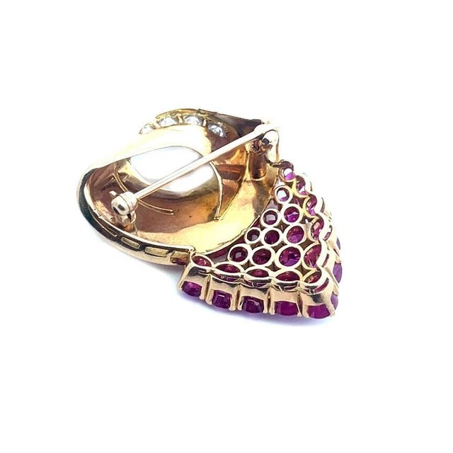 Contemporary Burmese Natural Ruby Gold Brooch Diamond 18k Rose Cluster Style No Heat GIA For Sale - Image 3 of 9