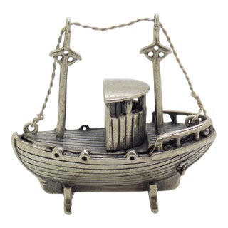 Vintage Italian Handmade Genuine Silver Fisherman Boat Large Figurine Miniature For Sale
