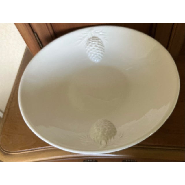 English Vintage White Pedestal Bowl With Embossed Relief Pine Cones For Sale - Image 3 of 11