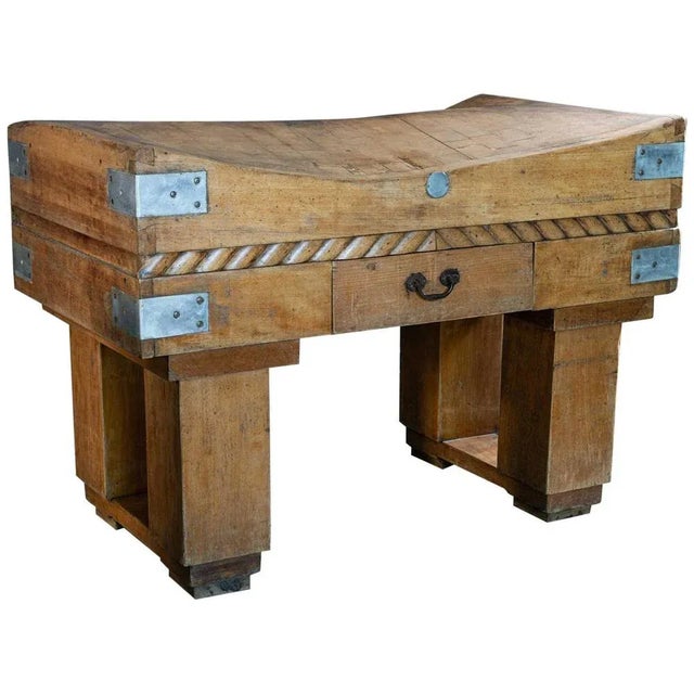 French Butcher's Block on Original Stand in Brown Beech, Early 20th Century For Sale - Image 9 of 9