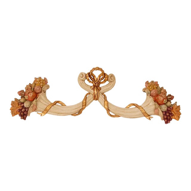 Italian Wall Ornament Florentine Hand Carved Giltwood and Polychrome Cornucoppia Horn Tariff Free Delivery For Sale
