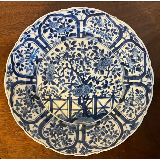 Antique 18th Century Chinese Kangxi Blue and White Porcelain Plate Decorated With Flowering Prunus Tree and Garden Fence For Sale - Image 11 of 11