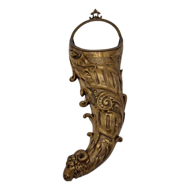 English Georgian Neoclassical Hand-Chased Brass Cornucopia Wall Pocket For Sale