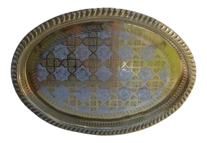 Vintage Moorish-Patterned Gold & Silver Engraved Tray
