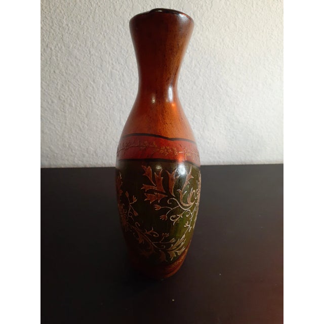 This is a Hand Carved Floral Inlay Terra Cotta Pottery 8" Vase. Procured at an auction. Made in the 1980s. BOX D