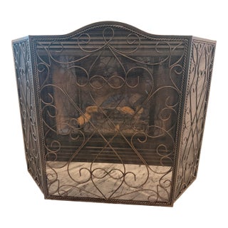 Large Wrought Iron Three-Panel Trifold Fireplace Screen With Scrollwork & Twisted Rope Border For Sale