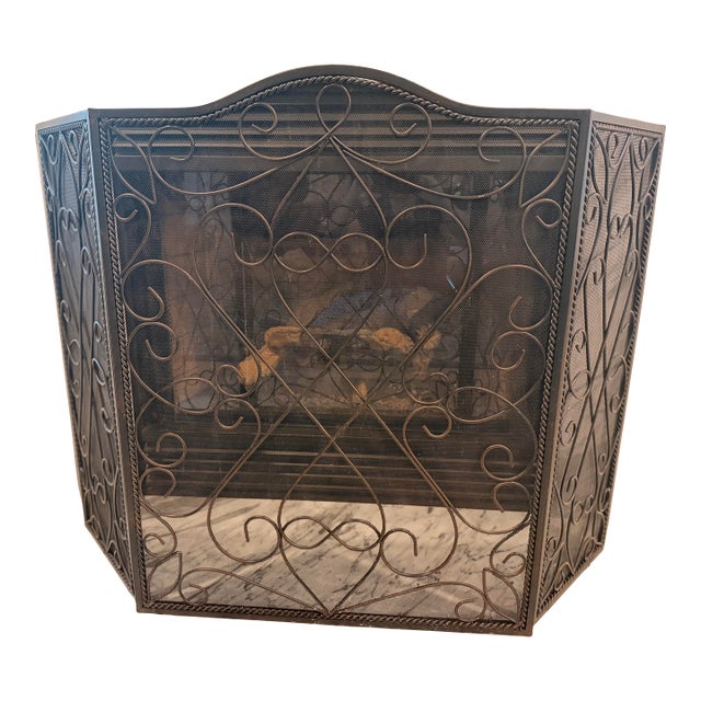 Large Wrought Iron Three-Panel Trifold Fireplace Screen With Scrollwork & Twisted Rope Border For Sale
