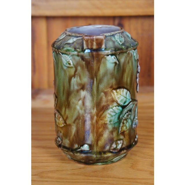 Antique Majolica French Barbotine Dog Rose Flower Blossom Water Pitcher Jug For Sale - Image 6 of 12