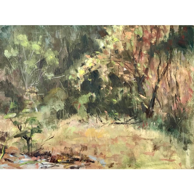 Vintage American impressionist oil painting of a colorful landscape by Harry Barton signed with the estate stamp on verso....