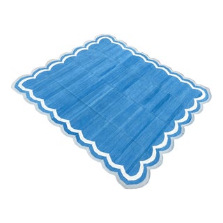 Not Yet Made - Made To Order Handmade Cotton Reversible 4 Sided Scalloped Edge Rug Blue With Cream and Grey Border - 6'x9' For Sale
