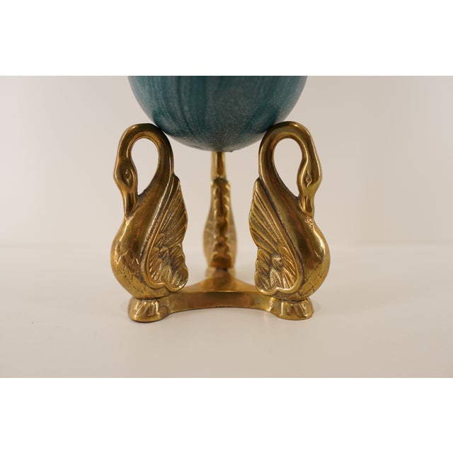 Metal Vintage Hollywood Regency Brass Swan Stand With Malachite-Style Sphere For Sale - Image 7 of 15