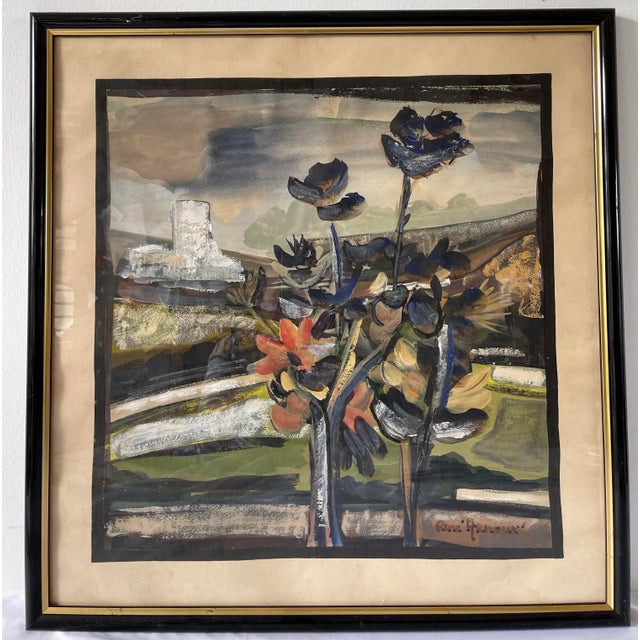 Watercolor flowers in landscape year 80 signed Rene Haroux In the foreground blue flowers are represented enhanced by an...