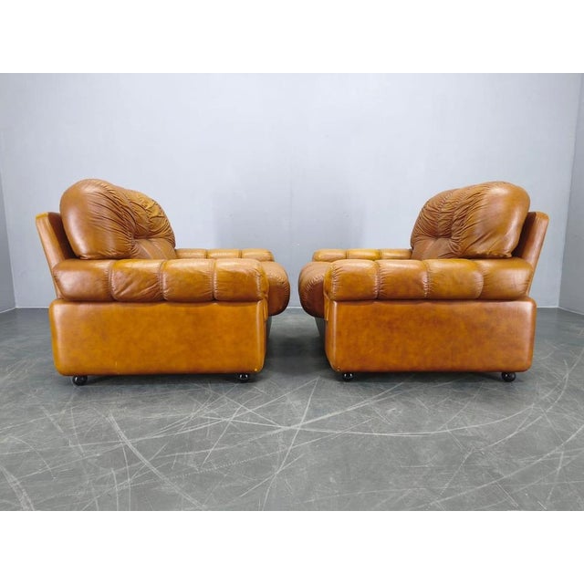 Wood Mid-Century Italian Cognac Leather Lounge Armchairs, 1970s, Set of 2 For Sale - Image 7 of 12
