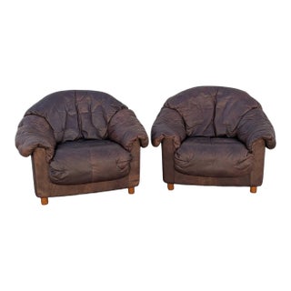 Late 20th Century Slouchy Overstuffed Leather Lounge Chairs in Chocolate Brown - Pair For Sale