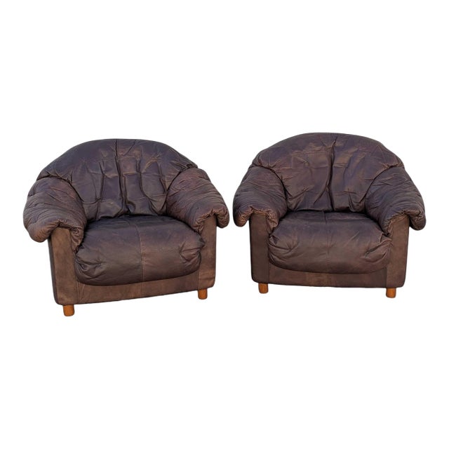 Late 20th Century Slouchy Overstuffed Leather Lounge Chairs in Chocolate Brown - Pair For Sale