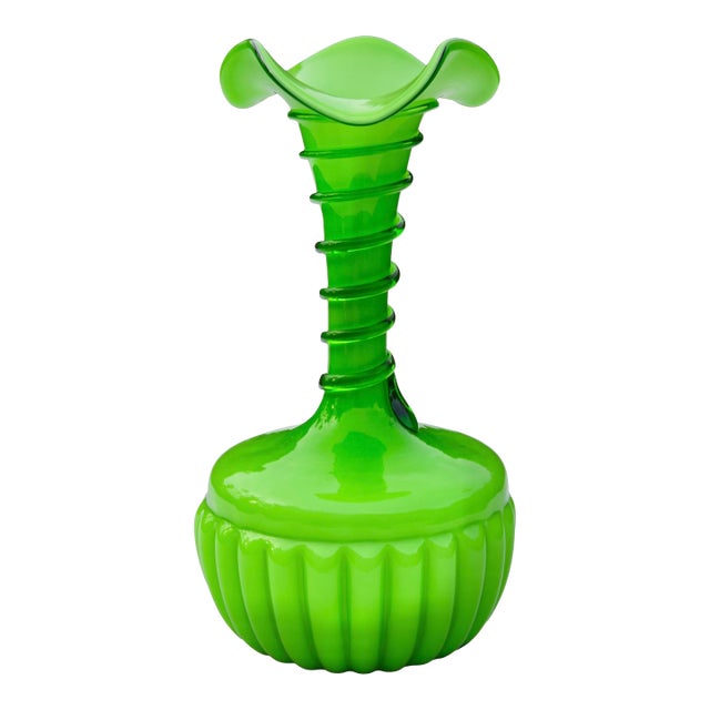 Mid 20th Century Handcrafted & Ruffled Green Art-Glass Vase For Sale