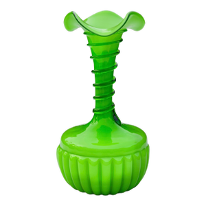 Mid 20th Century Handcrafted & Ruffled Green Art-Glass Vase