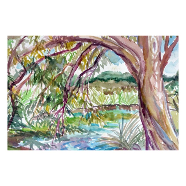 American Vintage Watercolor Landscape Tree by Pond by Virginia J Hughins For Sale - Image 3 of 4