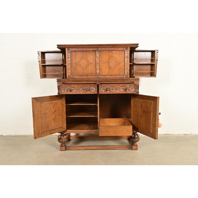 1920s Antique English Jacobean Carved Oak Bar Cabinet, Circa 1920s For Sale - Image 5 of 18