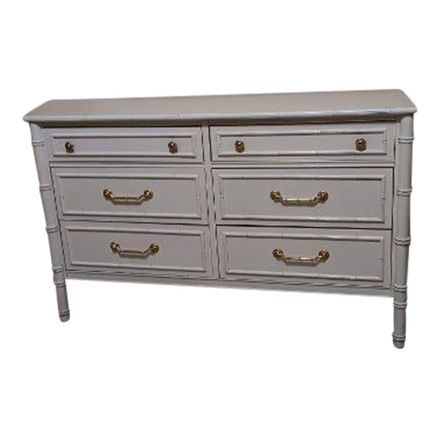 1970s Hollywood Regency Faux Bamboo Style White Dresser 6 Drawer Gold Handles For Sale
