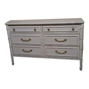 1970s Hollywood Regency Faux Bamboo Style White Dresser 6 Drawer Gold Handles