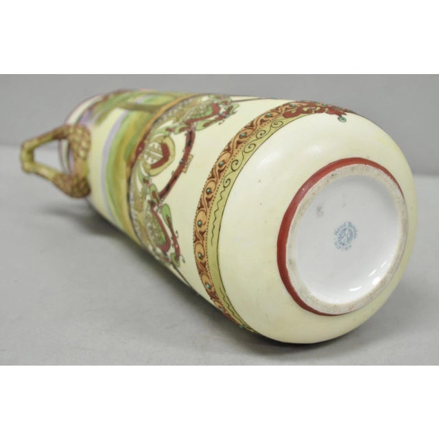 Antique Nippon Hand Painted Porcelain Countryside Moriage Tall Twin Handle Vase For Sale - Image 16 of 18