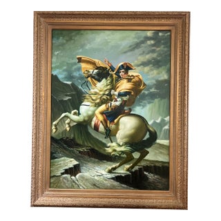 Oil on Canvas Hand Painted Signed Framed Reproduction of a Jacques-Louis David Painting Originally Created in 1801, Napoleon Crossing the Alps. For Sale