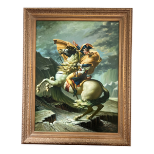 Oil on Canvas Hand Painted Signed Framed Reproduction of a Jacques-Louis David Painting Originally Created in 1801, Napoleon Crossing the Alps.